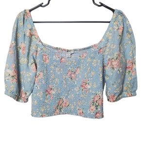 American Eagle | Smocked Crop Top | Puff Sleeve Blue Pink Floral | L